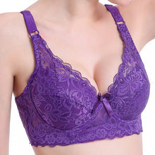Load image into Gallery viewer, Purple Full Coverage Underwire Push Up Lace &amp; Mesh Wide Band Bra
