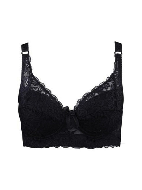Black Full Coverage Underwire Push Up Lace & Mesh Wide Band Bra –