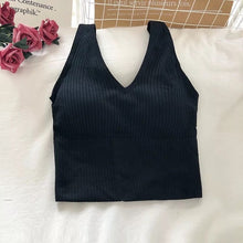 Load image into Gallery viewer, Black V-Neck Wireless Padded Crop Top Sports Bra
