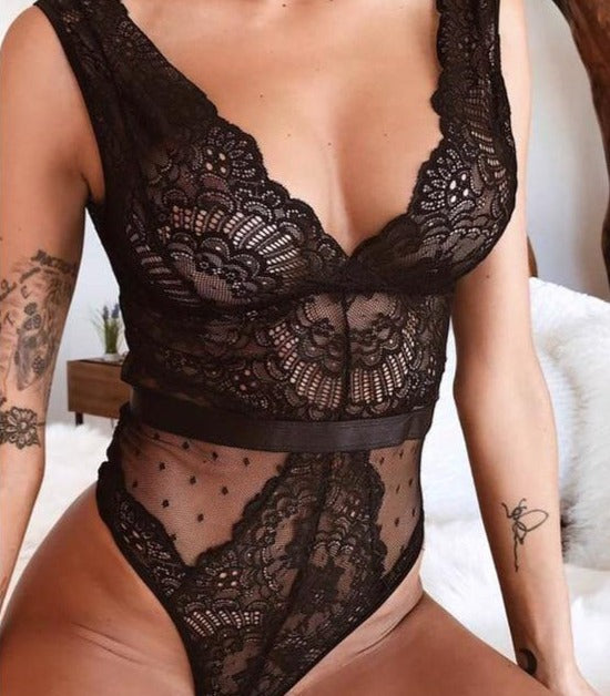 Sexy Black Unlined Deep V-Neck Floral Lace Bodysuit Teddy