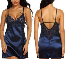 Load image into Gallery viewer, Satin Silk Lace Plunge Slip Dress - Blue
