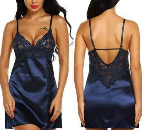 Satin Silk Lace Plunge Slip Dress - Blue