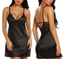 Load image into Gallery viewer, Satin Silk Lace Plunge Slip Dress - Black
