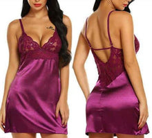 Load image into Gallery viewer, Satin Silk Lace Plunge Slip Dress - Burgundy
